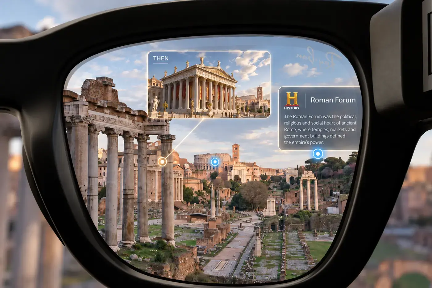 Seeing History for the History Channel: a view through smart glasses at the Roman Forum, with a THEN reconstruction of the intact temple overlaid on the ruins and a History-branded information card beside it.