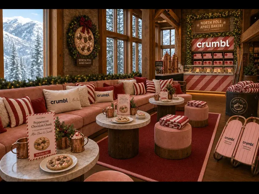 Crumbl&rsquo;s North Pole Apr&egrave;s Bakery in Aspen: a slopeside lounge in candy-stripe red and blush, with a Mrs. Claus peppermint chocolate chunk collaboration card, copper mugs and branded sleds by the window.