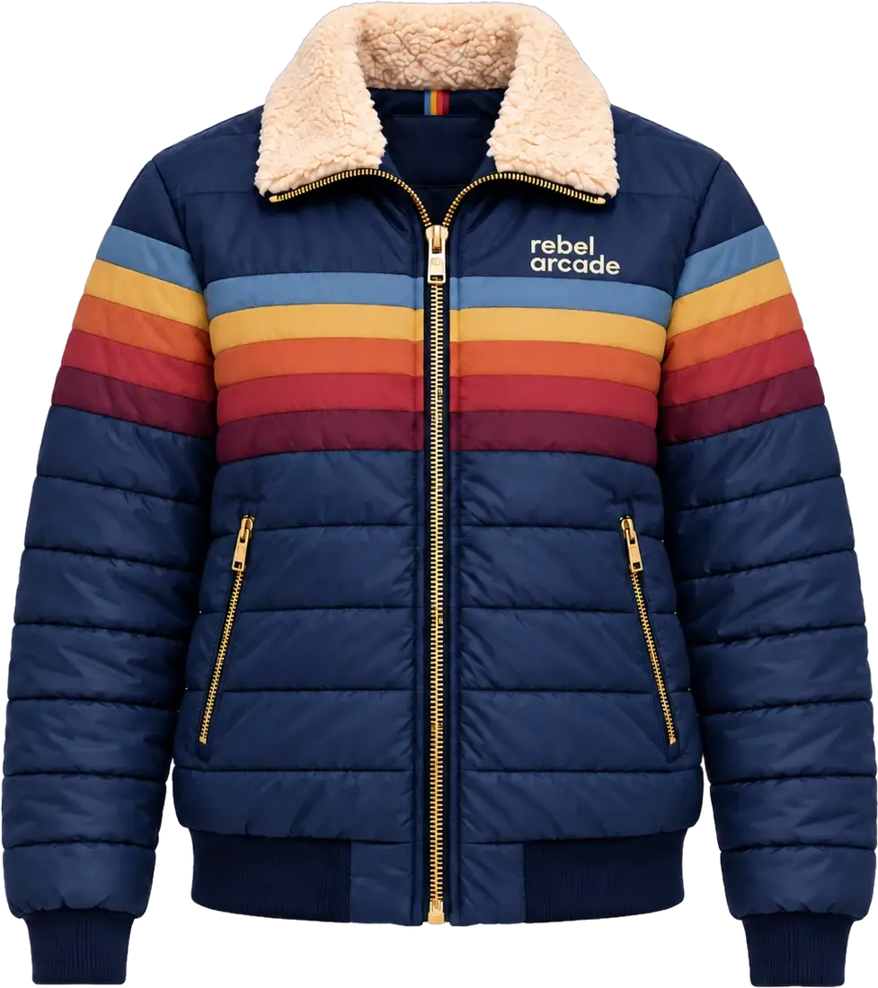 A navy puffer jacket with a cream shearling collar, gold zips and a band of retro rainbow stripes across the chest and sleeves, the rebel arcade wordmark on the chest.