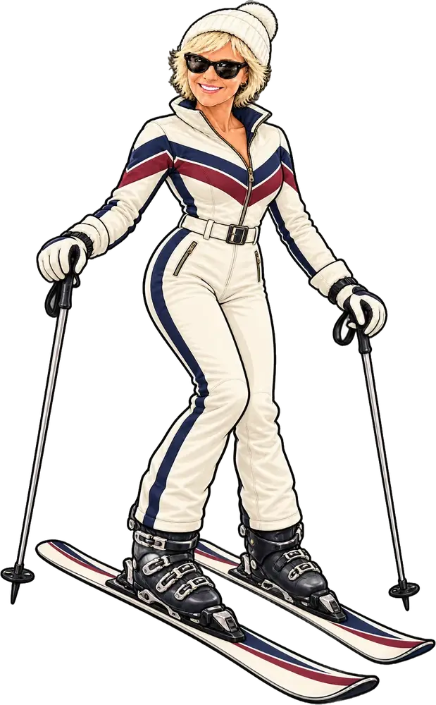An illustration of Kae Erickson on skis in a cream one-piece suit.