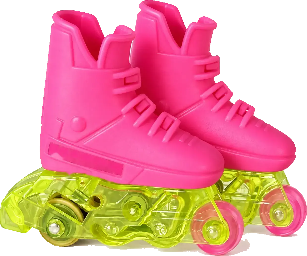 A pair of hot-pink inline skates with lime green frames and clear wheels.
