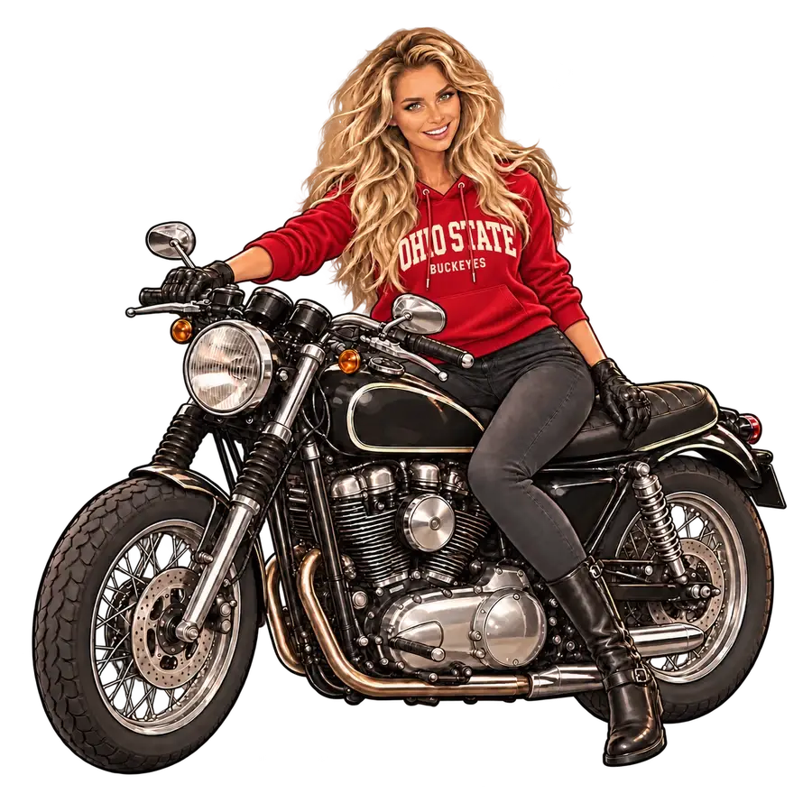 An illustration of Mia Woike in a red hoodie on a cafe racer.