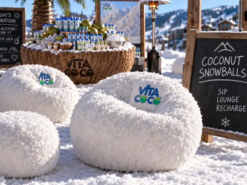 Vita Coco Coconut Snowballs at Vail: oversized coconut-flake bean bags on the snow beside a woven coconut-shell bar stocked with Vita Coco, under a chalkboard reading Coconut Snowballs — sip, lounge, recharge.