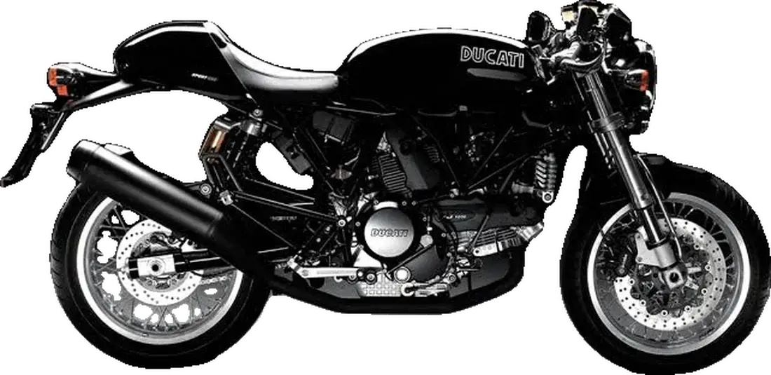 A black Ducati Sport 1000 cafe racer, seen from the side.