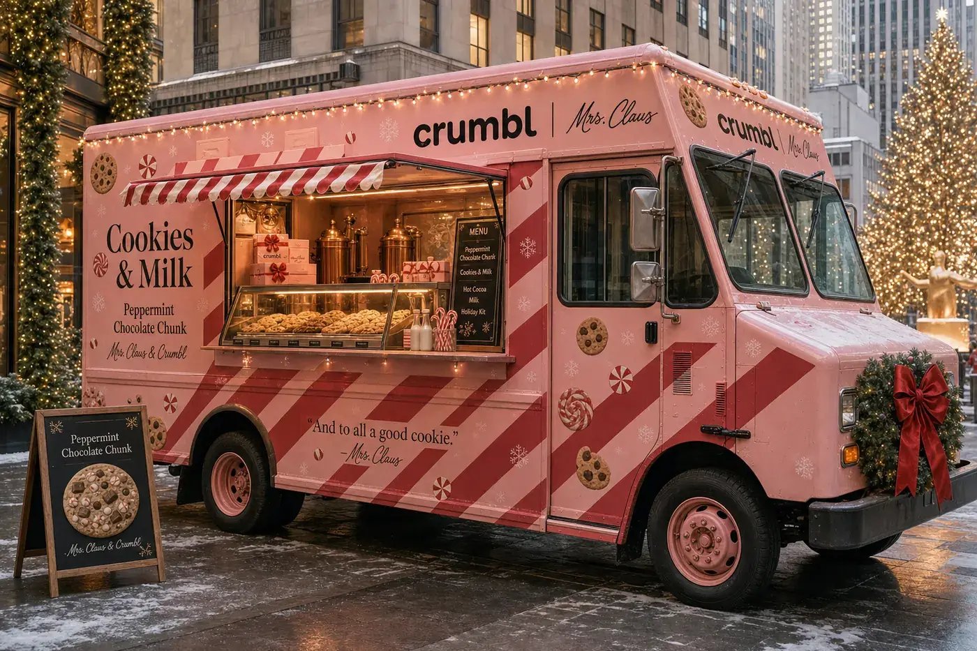 Crumbl &times; Mrs. Claus cookie truck at Rockefeller Center: a pink-and-candy-stripe step van with a warm service window of peppermint chocolate chunk cookies and milk, string lights, a wreath on the grille and a chalkboard reading And to all a good cookie.