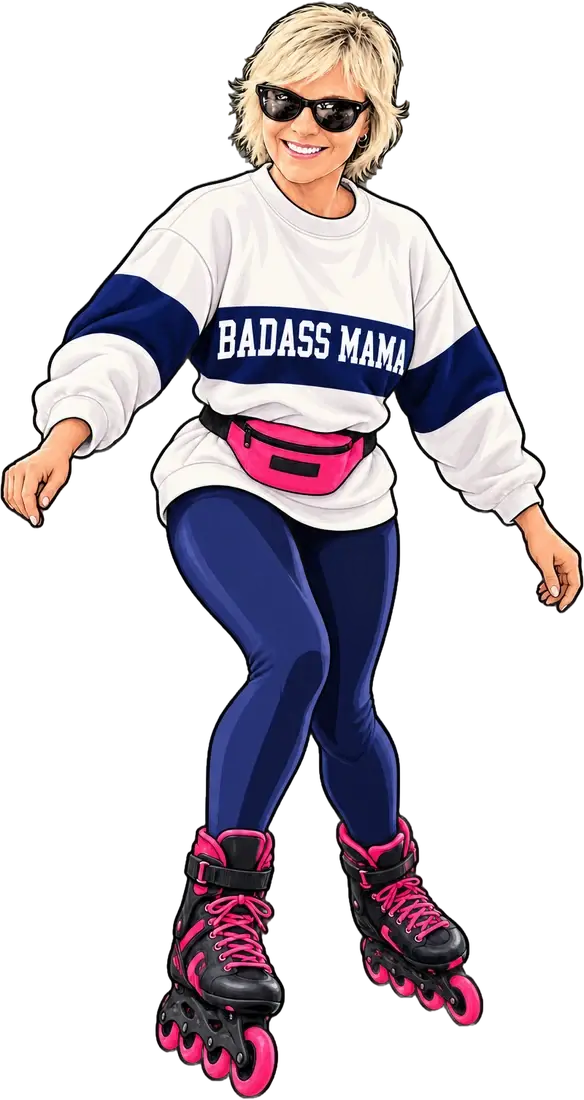 An illustration of Kae Erickson on inline skates in a Badass Mama sweatshirt.