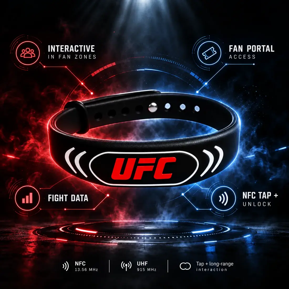 UFC Fan FIGHTband concept board: the black silicone band lit red and blue in smoke, ringed by callouts for interactive fan zones, fan portal access, fight data and NFC tap-to-unlock, with an NFC 13.56 MHz / UHF 915 MHz spec strip along the bottom.