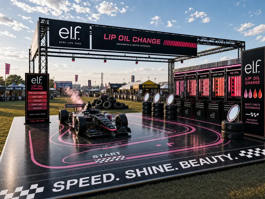 e.l.f. Lip Oil Change at Indianapolis Motor Speedway: a pit-lane stage with a race car, shade dispensers lit like fuel pumps, and SPEED. SHINE. BEAUTY. across the floor.