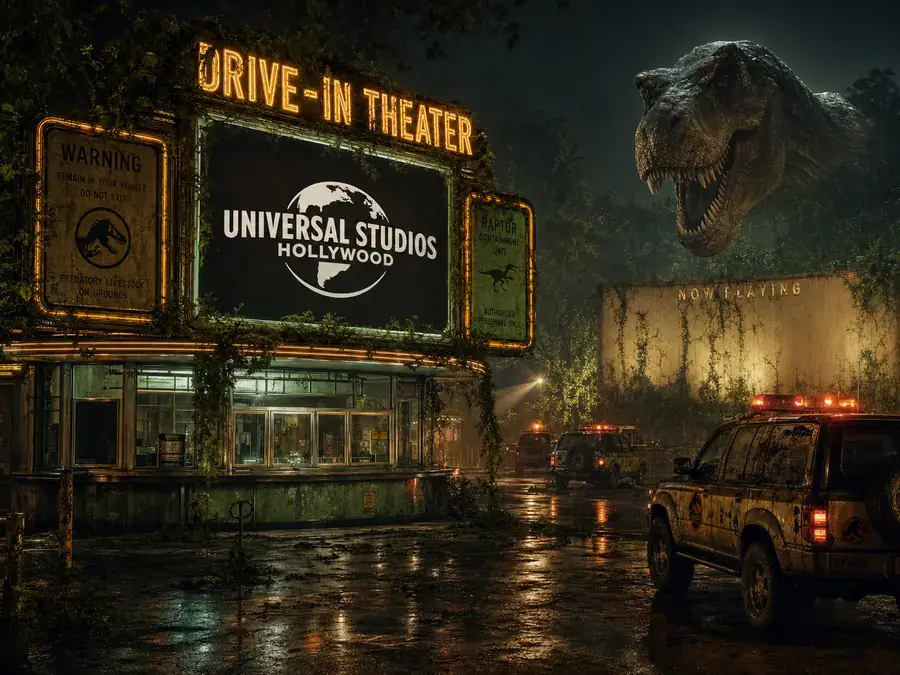 A shuttered drive‑in theater reclaimed by jungle at night: a neon marquee still lit over a vine‑covered concession stand, ranger trucks with their lights on in the wet lot, and a tyrannosaur looming over the back wall.